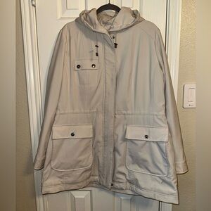 Kristen Blake XL Ivory Hooded Overcoat Zip Front Snap Buttons Cinch Waist